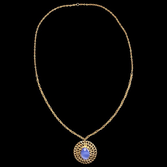 Vintage Blue Stone Gold Sun Pendant Necklace - Picture 2 of 6